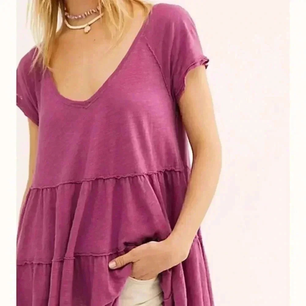 Free People Sunshine In The Rain Tee Raspberry - Picture 2 of 6